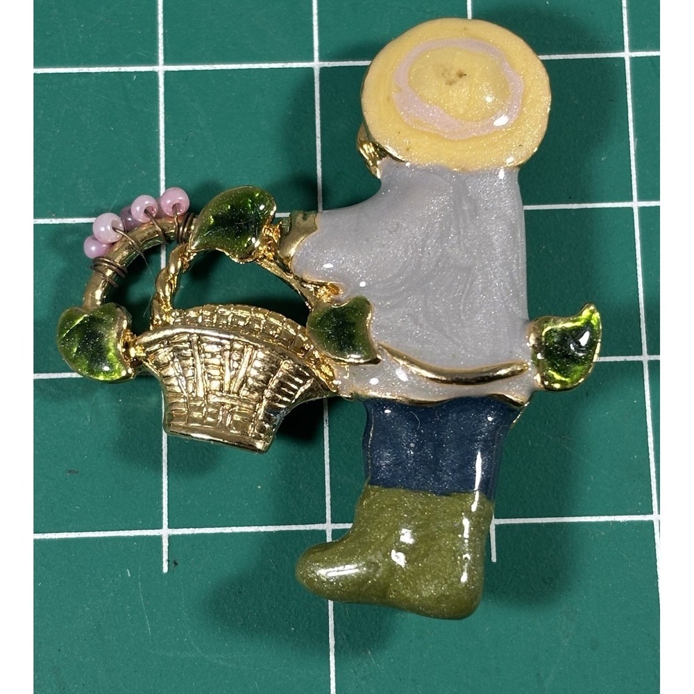 Charming Enamel Girl Flower Basket Brooch Pin Vintage Garden Whimsical Gift